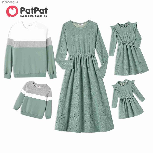 Conjuntos de roupas combinando para a família Pa Família combinando vestidos de renda verde menta e conjuntos de blusas de manga comprida com bloco colorido