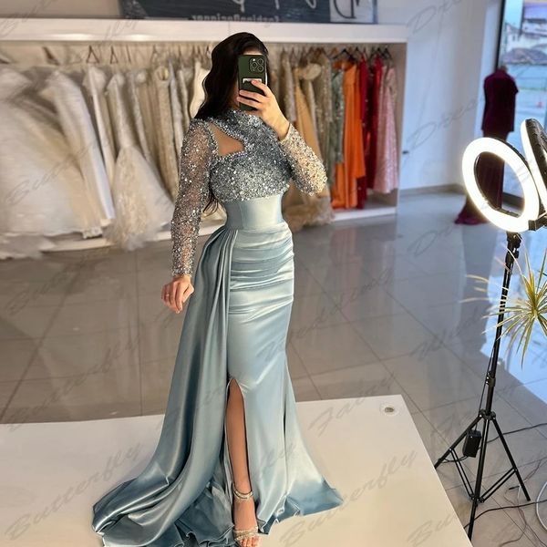 Vintage elegante feminino vestido de festa à noite manga comprida gola alta sereia muçulmano princesa baile vestidos formais árabe dubai robe de soiree