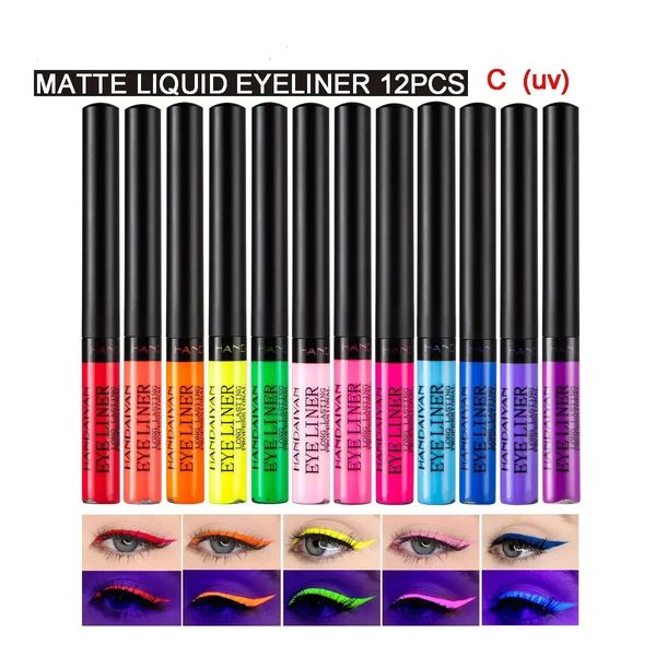 12pcsbag UV Light Neon Eyeliner Pen Colorido Líquido À Prova D 'Água Eye Liner Lápis Fino Branco Marrom Vermelho Maquiagem 240220