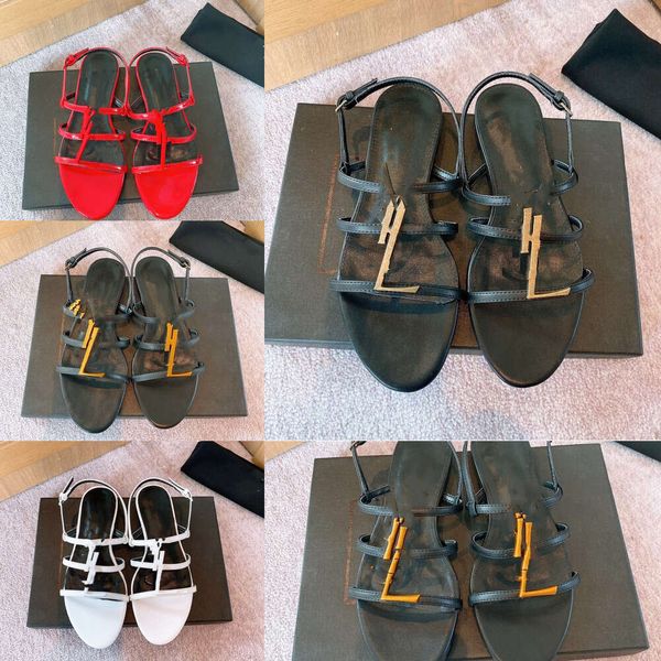 2024 Frauen Sommer schwarz echtes Leder Sandale Cassandra flache Absätze Sandalen Flip-Flops Hausschuhe offene Zehen Flats Schuhe elegante Outdoor Damen Goldschnalle Pantoletten