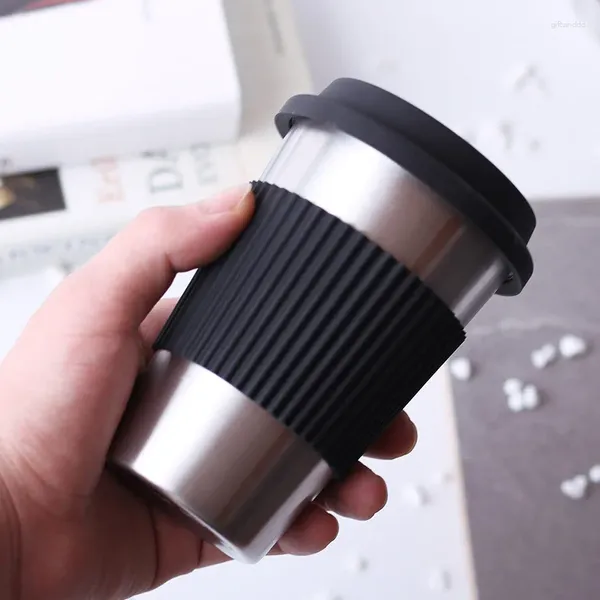 Copos murchados 304 xícara de café de aço inoxidável criativo leite chá silicone anti escald caneca portátil presente de água laser logotipo