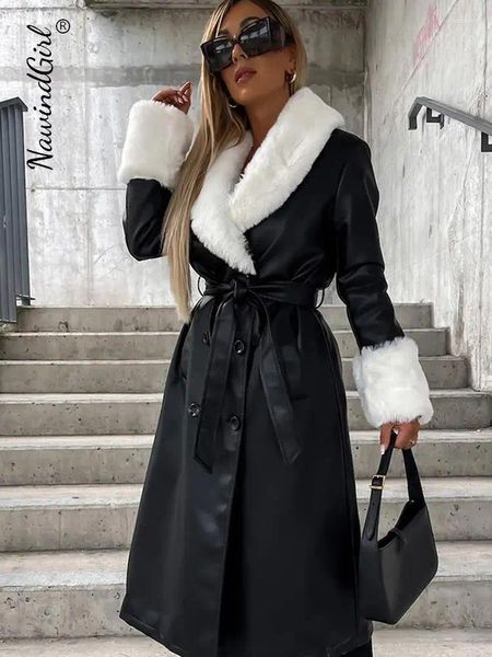 Mulheres Trench Coats Cinto Faux Fur Bolso Mulheres Casaco De Couro Casual Lapela Manga Longa Vintage Windbreaker Feminino 2024 Outono Inverno Chic