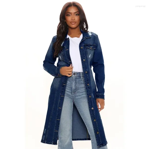 Giubbotti da donna Moda Arrivo Foro Cotone Autnmn Inverno Giacca lunga in denim 2024 Trench Cappotto Cardigan Jeans Mantello Donna Manica Jean