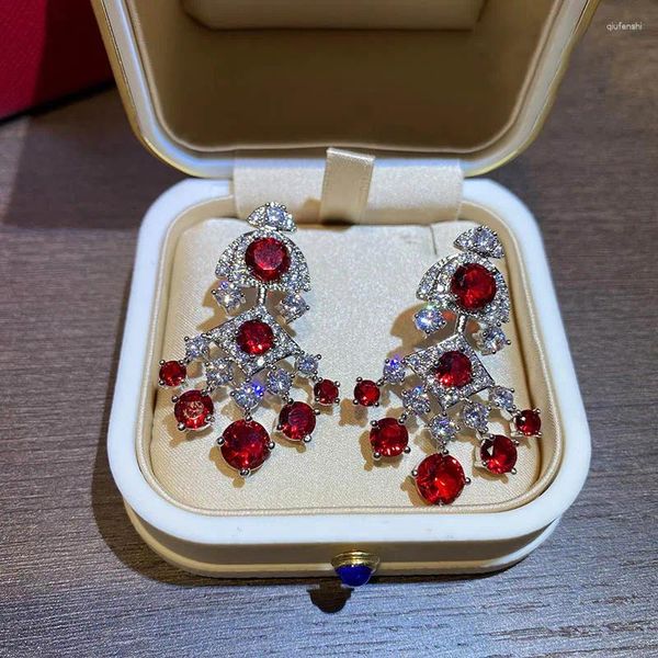 Orecchini pendenti vintage rosso scintillante a forma di ventaglio zircone abito lungo lusso colorato tesoro donne romanticismo gioielleria raffinata