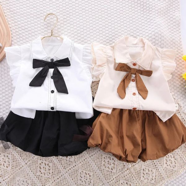 Mädchen Kleidung 2024 Sommer Neue Kinder Kurze Bogen Kurzarm Set Kleine Fliegen Pullover Blume Sprießen Hosen Casual Zwei Stück set 240225