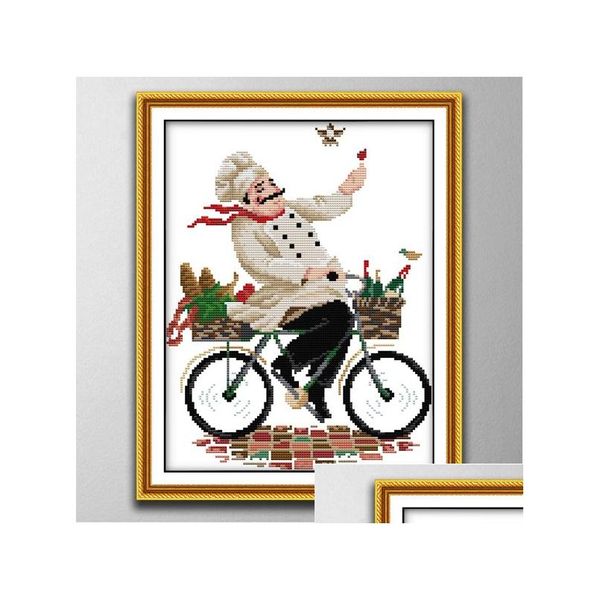 Ferramentas de artesanato Chef na bicicleta DIY Handmade Cross Stitch Bordado Conjuntos de bordados contados Impressão Canvas DMC 14Ct 11Ct Pano Drop Delivery Dhbwr