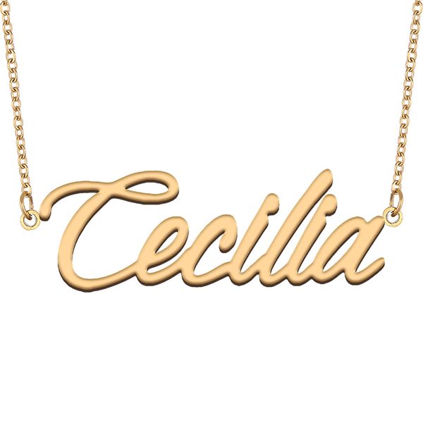 Cecilia nome colar ouro personalizado placa de identificação pingente para mulheres meninas presente aniversário crianças melhores amigos jóias 18k banhado a ouro aço inoxidável