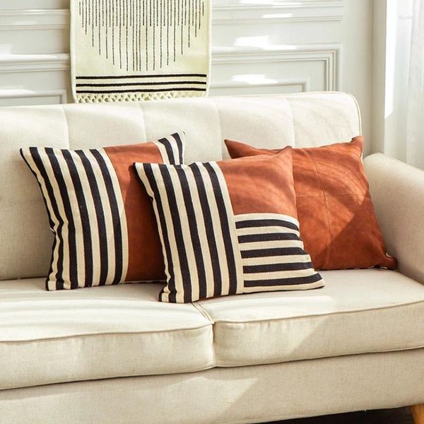 Cuscino Cuscini a strisce bianche nere Custodia in PU marrone 45x45 Copertura decorativa per divano Sedia Decorazioni per la casa moderne