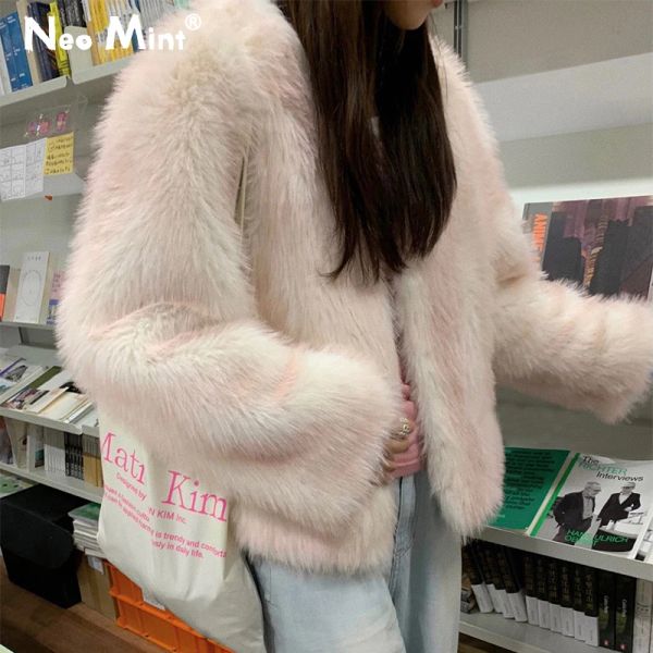 Pele elegante coreano rua moda gradiente fofo falso pele de raposa casaco de inverno feminino 2023 premium rosa senhoras desgrenhado casaco streetwear