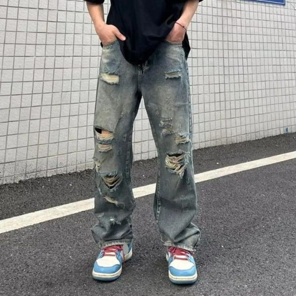 Erkekler kot hip hop tarzı sokak kıyafeti yırtık delik geniş bacak çok cepli sıkıntılı rahat pantolon uzun süre