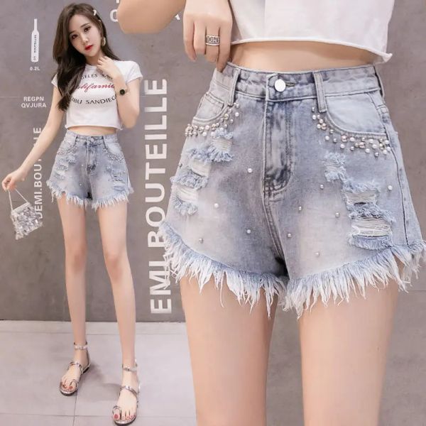 Jeans shorts shorts femininos Novo estilo fino perna larga larga freyed borda miçangas lavadas hole lady garotas jeans hot jeans fêmea feminina