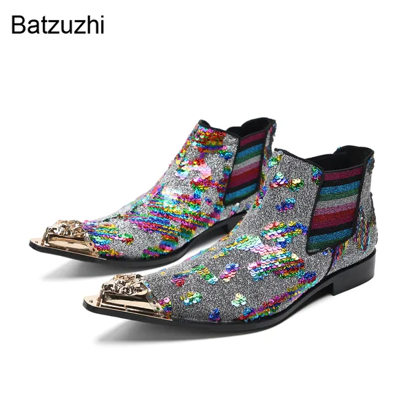 Супермодные мужские ботинки Batzuzhi, кожаные модельные туфли с металлическим носком, мужские индивидуальные ботинки с блестящими пайетками, большие размеры!