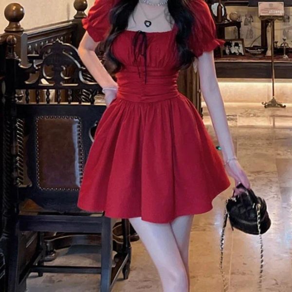 Vestidos de festa primavera verão moda elegante decote quadrado manga curta casual versátil ocidental fino ajuste roupas femininas