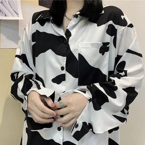 Bloups Feminino de leite preto e branco impresso de comprimento solto Haruku Grande silhueta 2024 UNISSISEX Retro Retro Casual Casual Casual