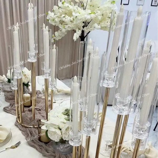 Fornecimento comercial de exibição de flores, decoração de mesa, peças centrais de cristal para vaso de flores de casamento, suporte de ouro acrílico, uso apenas para velas led