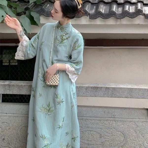 Roupas étnicas Plus Size Tradicional Chinês Qipao Vestido Cheongsam Bordado Feminino Elegante Oversized Doce Jovem Verão Solto Verde