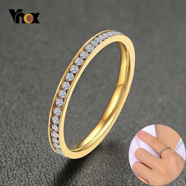 Bandringe Vnox 2mm glänzender CZ-Steinring Damen Gold Edelstahl glänzender Kristall Fingerband Eleganter Schmuck J240226