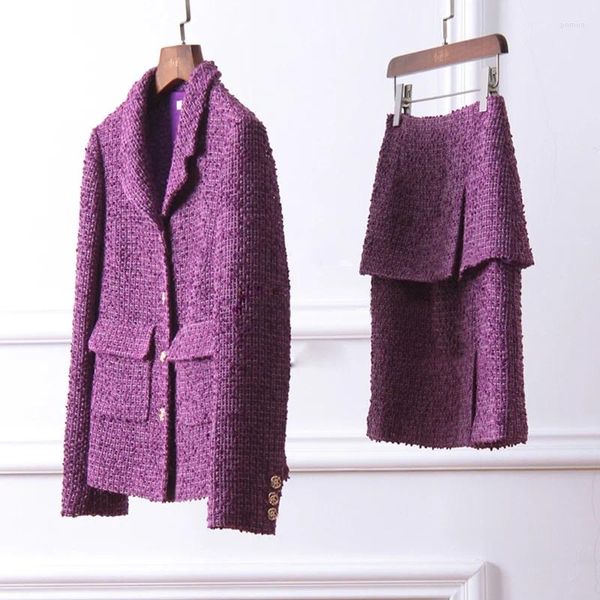 Женские куртки по индивидуальному заказу Xs-6xl, женский элегантный комплект Chaqueta Abrigos Mujer Invierno, удивительный фиолетовый твидовый комплект из жакета и юбки