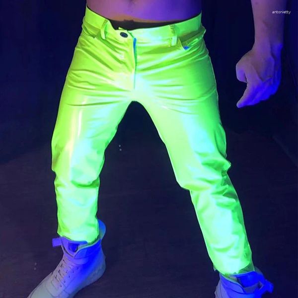 Palco desgaste fluorescente verde estiramento magro calças adulto masculino pu couro hip hop dancewear cantor dançarino desempenho clubwear