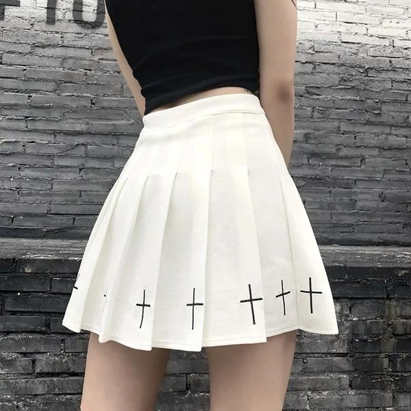 Saias gótico cintura alta mini legal menina sexy punk cruz impressão plissada skrit mulheres preto branco básico all-match chique vestido curto