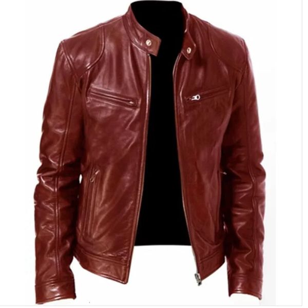 Модная мужская кожаная куртка Slim Fit с воротником-стойкой из искусственной кожи Мужская противоветровая мотоциклетная куртка с диагональной молнией 240222