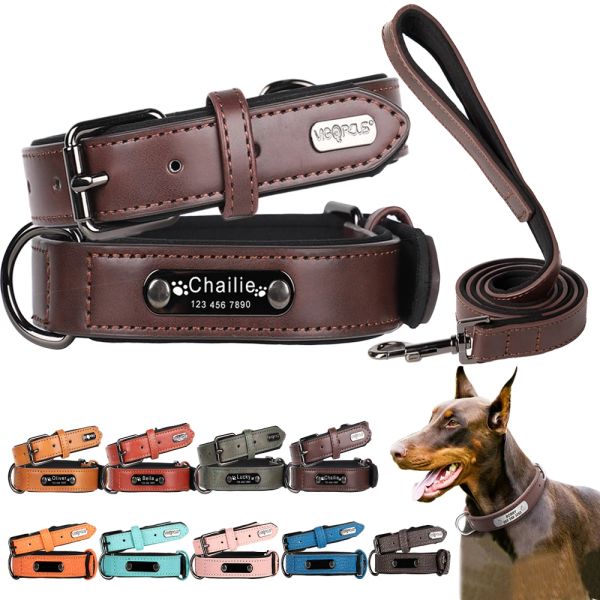 Sets personalisiertes Hundehalsband, individuelle Leder-ID, kostenlose Gravur, Namensschild, Haustier-Hundehalsband, Leine, Luxus-Designer für kleine, mittelgroße und große Hunde