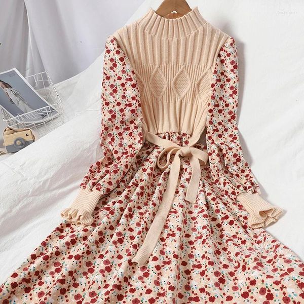 Sıradan elbiseler patchwork kadınlar örme çiçek kadife maxi elbise dantel yukarı ince bel bornoz tatlı vintage vestidos kadın