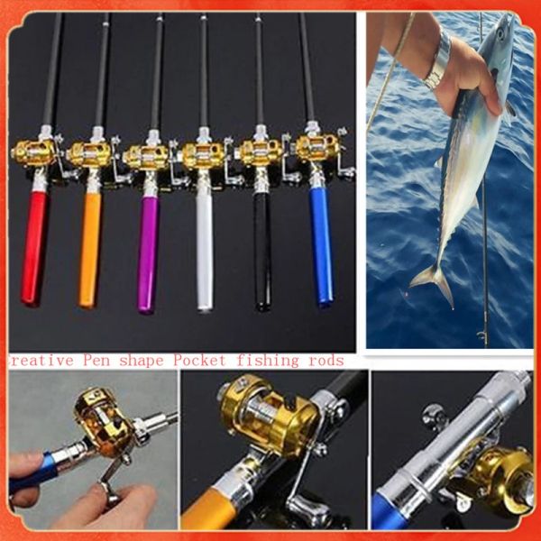 Canne Mini canna da pesca tascabile portatile asta telescopica a forma di penna canna da pesca piegata con ruota mulinello per la pesca all'aperto sul lago fluviale