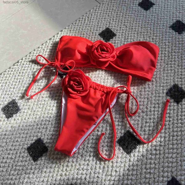 Kadın Mayo Seksi Tüp Mayo Kadınlar 3D Çiçek Bandeau Bikini Seti 2024 Yeni Kırmızı Siyah Mayo Mini Mayo Takımı Q240226