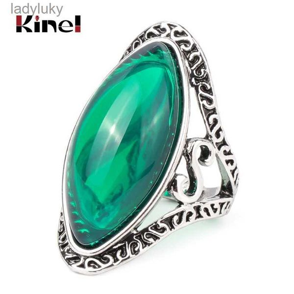 Anello solitario Kinel Boho Verde Grandi anelli ovali per le donne Vintage Argento tibetano antico Dichiarazione femminile Gioielli da spiaggia Regali 240226