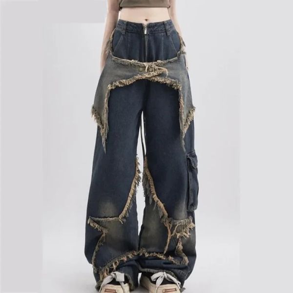 Calças de brim de carga calças de brim femininas rua solta oversize painéis pentagrama bainha crua calça vintage azul hip hop feminino denim