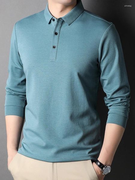 Polos masculinos amoreira seda manga longa camiseta 2024 verão cor sólida lapela roupas versão coreana de negócios camisas casuais