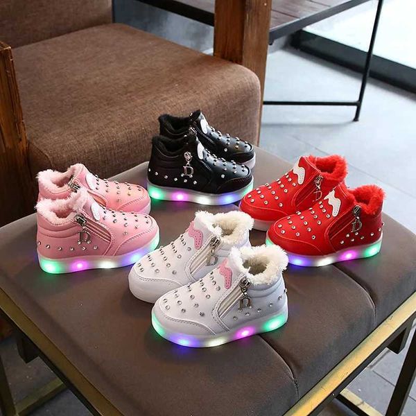 Atlético ao ar livre inverno crianças tênis led iluminado sapatos casuais couro do plutônio strass meninas sapatos crianças brilhantes sapatos de algodão quente zapatillasl2402