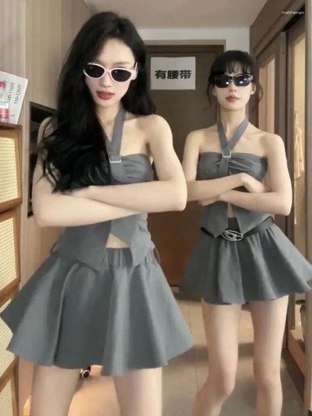 Рабочие платья Spicy Girl Американская юбка с висячим вырезом и разрезом Комплект из двух предметов Женский однотонный корейский модный тонкий пояс с открытыми плечами Милый летний костюм