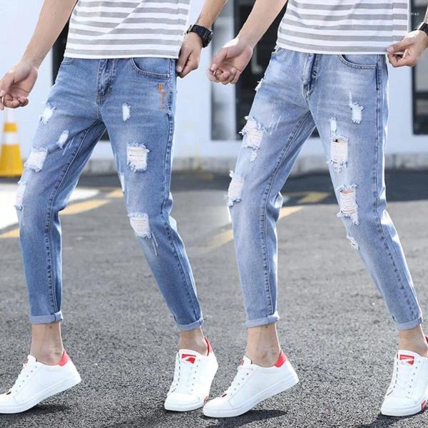 Calças de brim masculinas moda casual confortável rasgado buracos fino ajuste calças jeans estilo coreano calças leves streetwear