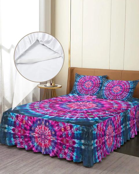 Saia de cama cor retro tie-dye elástico cabido colcha com fronhas protetor colchão capa conjunto folha
