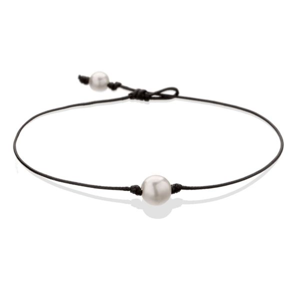 Perle Einzelne kultivierte Süßwasserperlen Halskette Halsband für Frauen Echtes Leder Schmuck Handgemacht Schwarz 14 Zoll298e