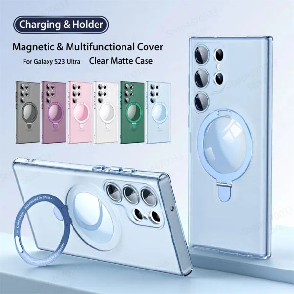 Para Magsafe Magnetic Wireless Charging Case para Samsung Galaxy S23 S22 S21 Ultra Plus Metal Kickstand Chapeamento Lente Capa Suporte Matte Phone Cases