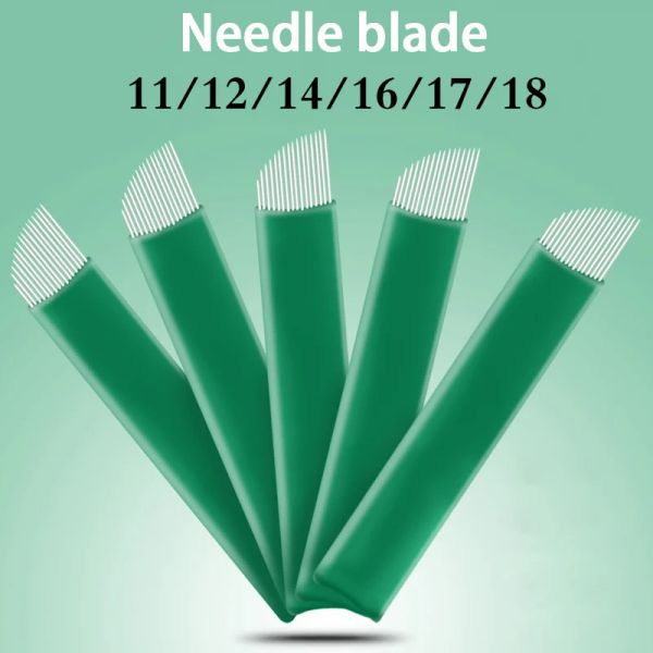 Agulhas 100pcs 11 12 14 16 17 18 Blades flexíveis de 0,20 mm A agulhas de microblades verdes para tatuagem lâmina tebori maquiagem permanente a agulhas
