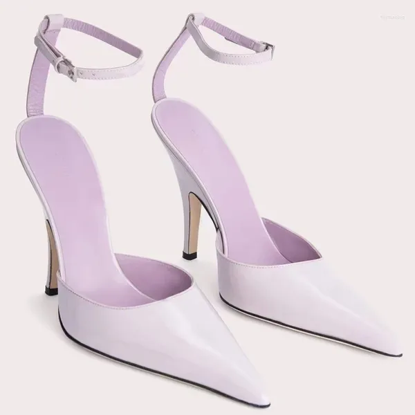 Sandálias Apontadas Toe Salto Fino Designer Roxo Tornozelo Fivela Slingbacks Senhoras Sapatos de Verão para Mulheres Stilettos