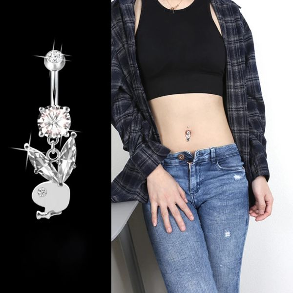 Hypoallergener Sterlingsilber-Kaninchen-Nabelpiercing-Bauchnabelring, süßer Tier-Zirkon-Körperschmuck, Damen- und Herren-Geschenk