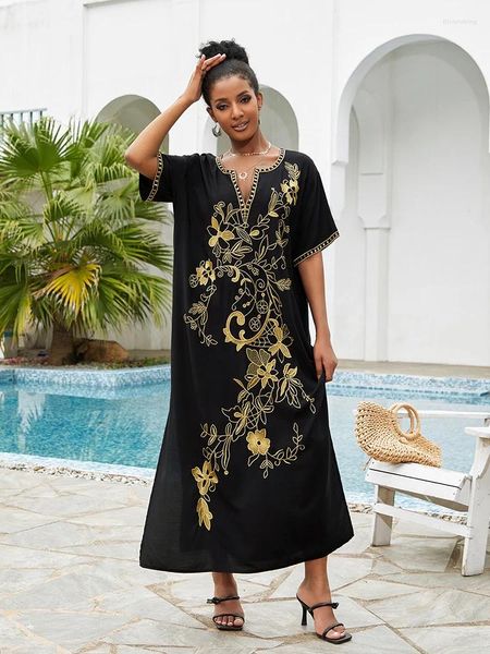 Damen Bademode Coverup Gold Stickerei Kaftan Kleid Schwarz Badeanzug Cover Up Sommer V-Ausschnitt Boho Robe Tunika für Strand Pareos Loungewear