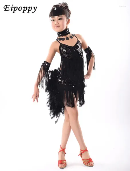 Abbigliamento da palcoscenico Costume da ballo latino con piume per bambini Costume da competizione per ragazze con nappe con paillettes