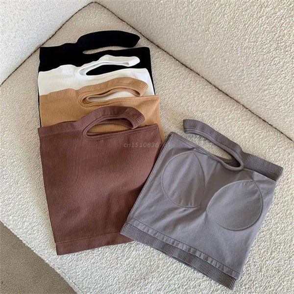 Canottiere da donna Canotta estiva con scollo all'americana irregolare con reggiseno a mensola Imbottitura per il torace Maglia a costine Scava fuori dalle spalle Canotta corta Basic