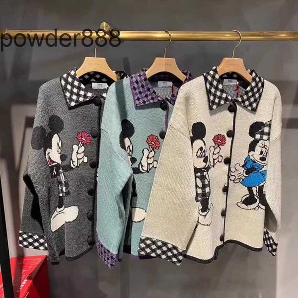 2023 outono/inverno camisola limitada dos desenhos animados mouse padrão jacquard xadrez polo pescoço malha cardigan outerwear -5080 oke2