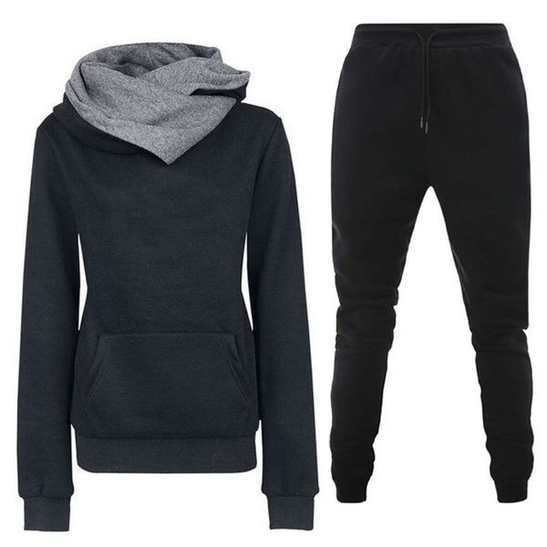 Abbigliamento sportivo casual in pile ispessito autunno-inverno, felpa con cappuccio irregolare da donna in tinta unita e set di pantaloni