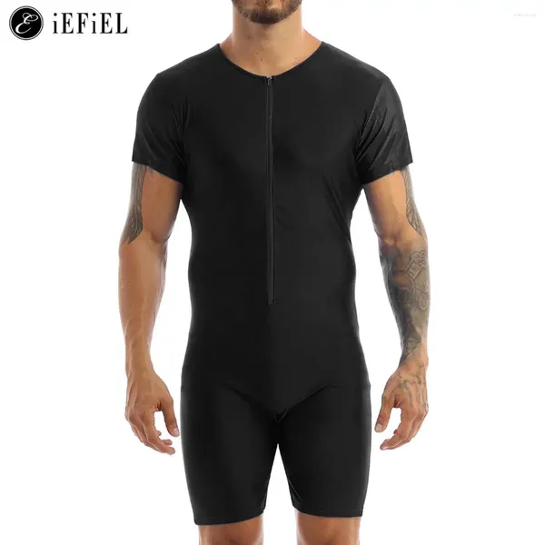 Erkek Mayo Mens Kısa Kollu Fermuar Ön Ser Mütedit Bodysuit Tek Parçalı Dans Gym Egzersiz Biketard Unitard Güreş Singlet