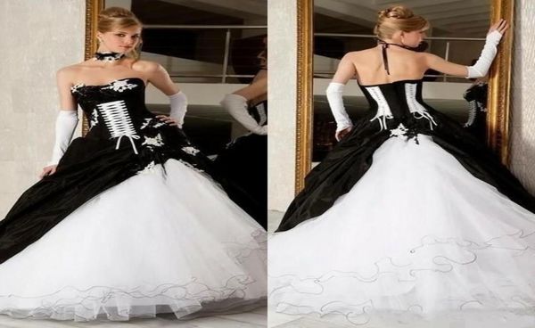 Vintage vitoriano preto e branco vestido de baile plus size gótico vestido de noiva vestidos de noiva sem costas espartilho varredura trem cetim formal d4038995