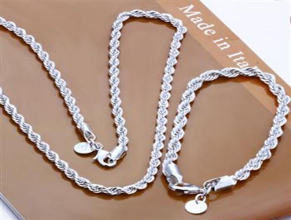 Moda Argento sterling 925 Set Catena a corda solida 4MM Uomo Donna Bracciale Collana 16quot24 pollici Gioielli Link Italia Natale Nuovo S0512019936