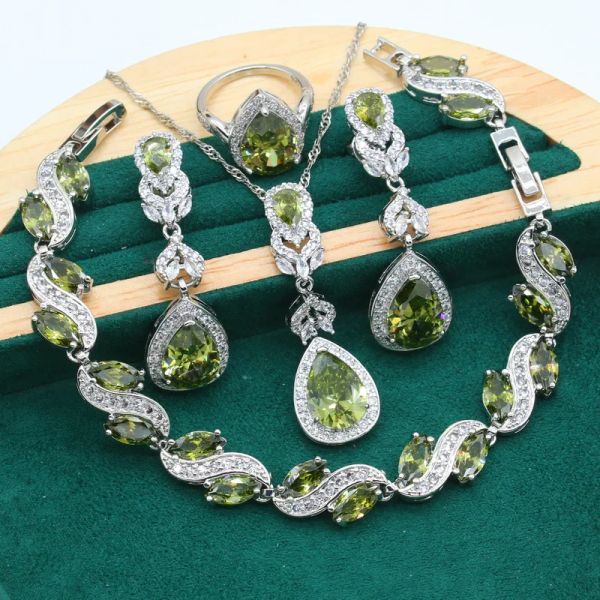 Sets Neuankömmlinge 925 Silberschmuck Sets für Frauen Braut Olivengrün Zirkonarmband Ohrringe Halskette Anhänger Ring Urlaub Geschenk